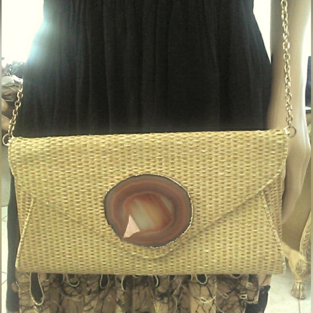 WIMBERLY Handmade Chic Woven Clutch W/ Lg. Agate Stone & Removable Gold Chain